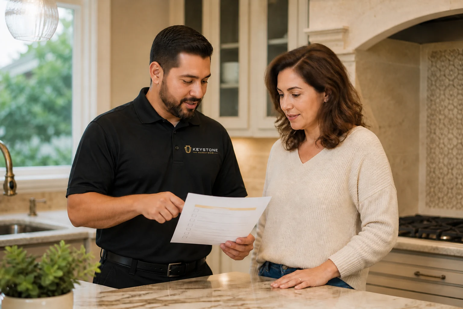 Keystone professional reviewing a task list with a homeowner
