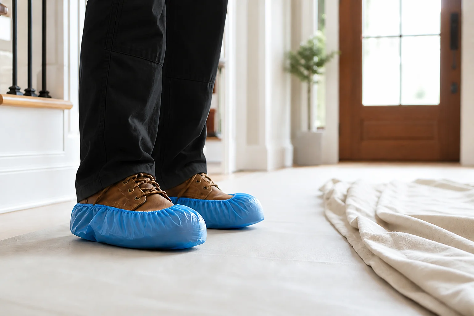 Professional shoe covers and floor protection in a home
