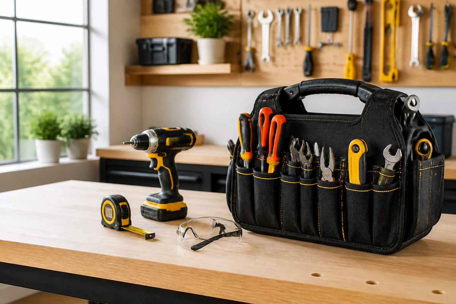Professional handyman tools organized for work
