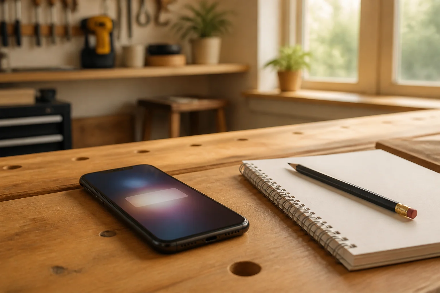 Phone and notebook on a tidy workbench