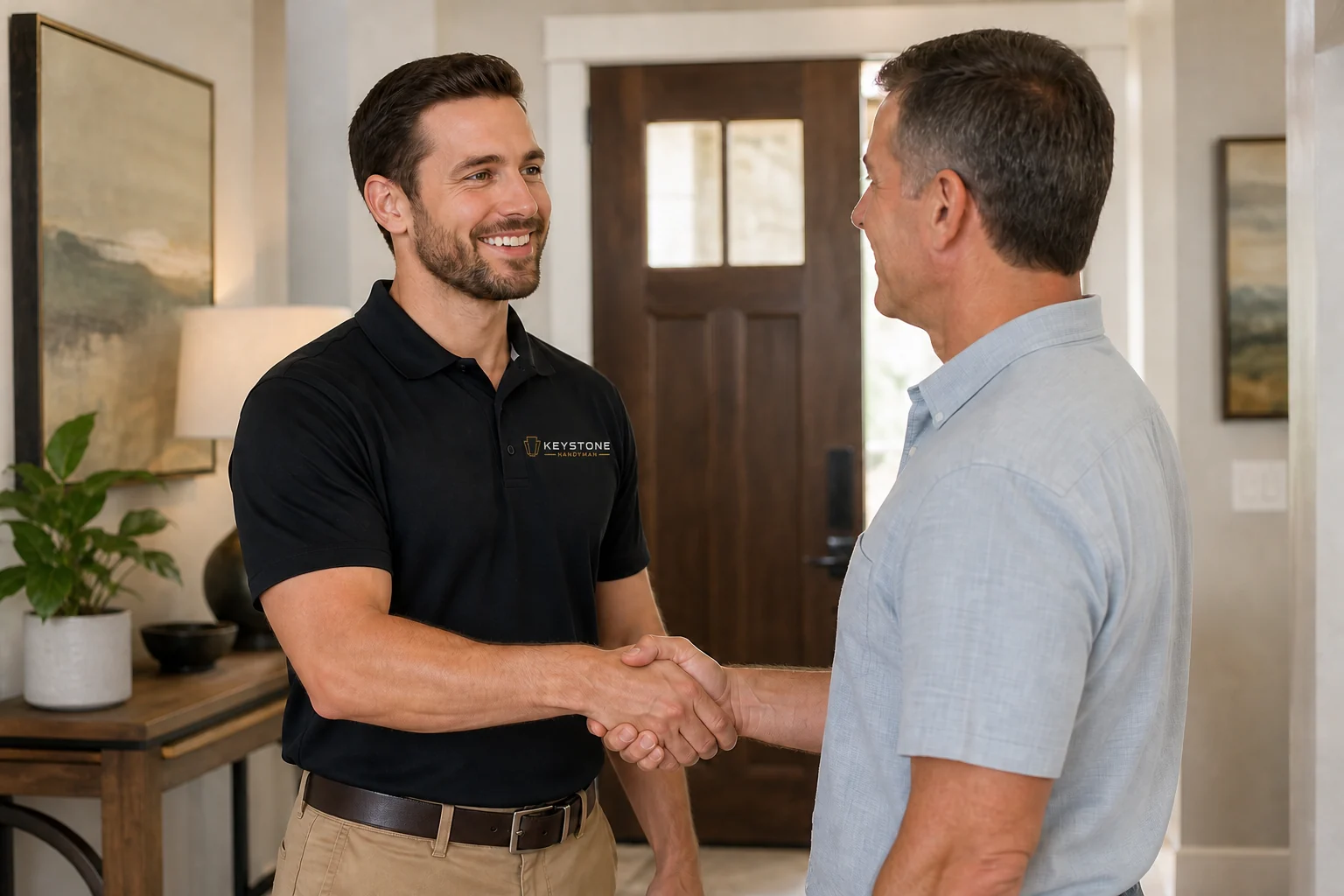 Keystone professional warmly shaking hands with a homeowner