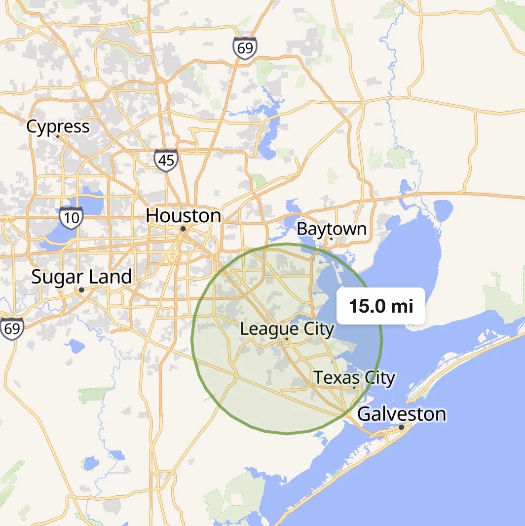 Illustrative primary service area centered on League City, Texas