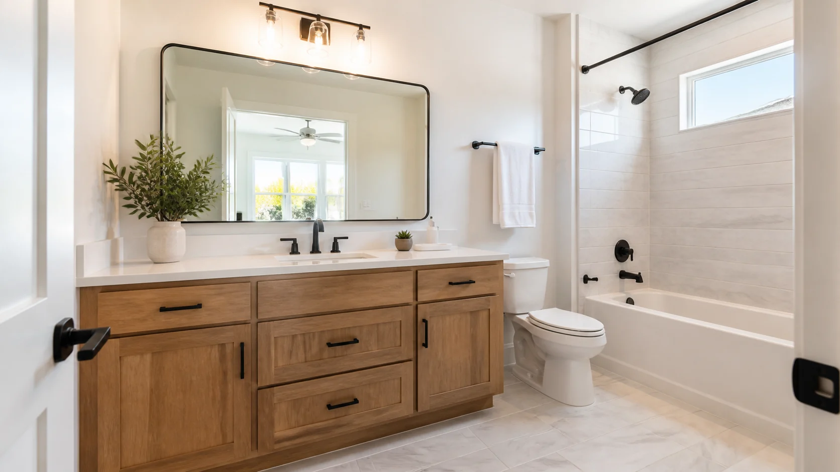 Finished bathroom with mounted mirror and accessories