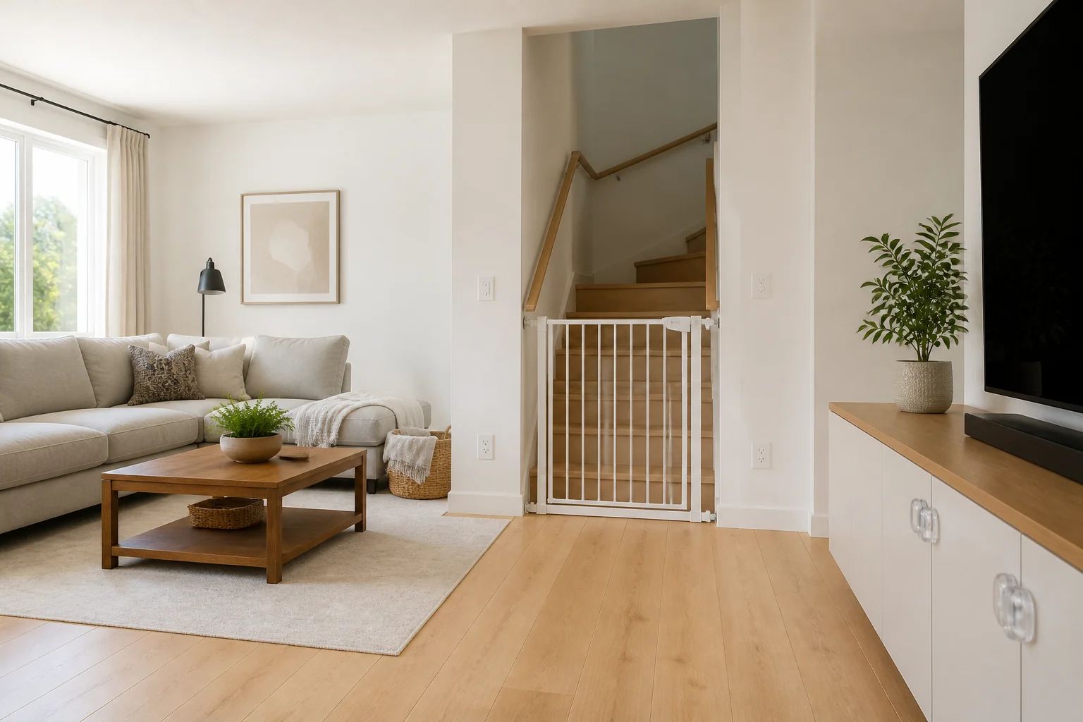 Childproofed living room with installed safety gate