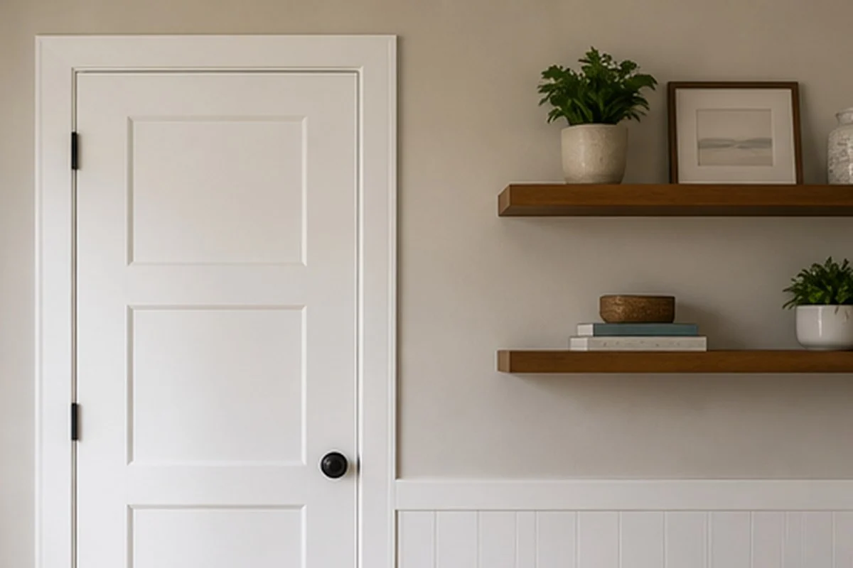 Finished interior door trim and shelves