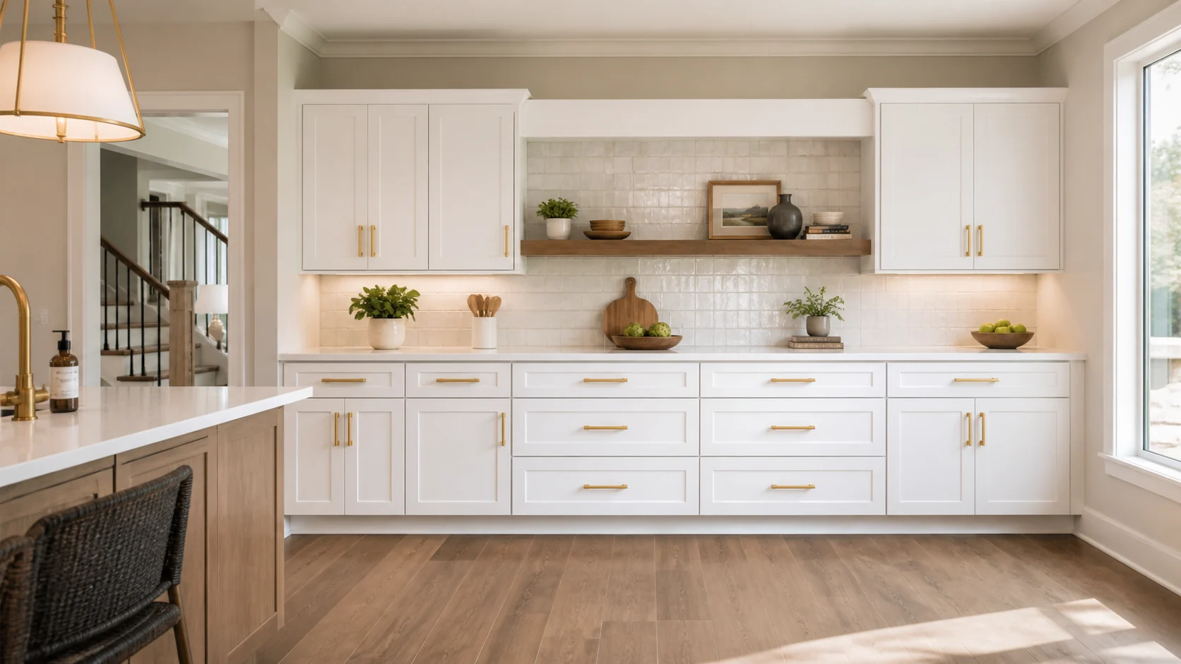 Finished kitchen with updated cabinet hardware and backsplash