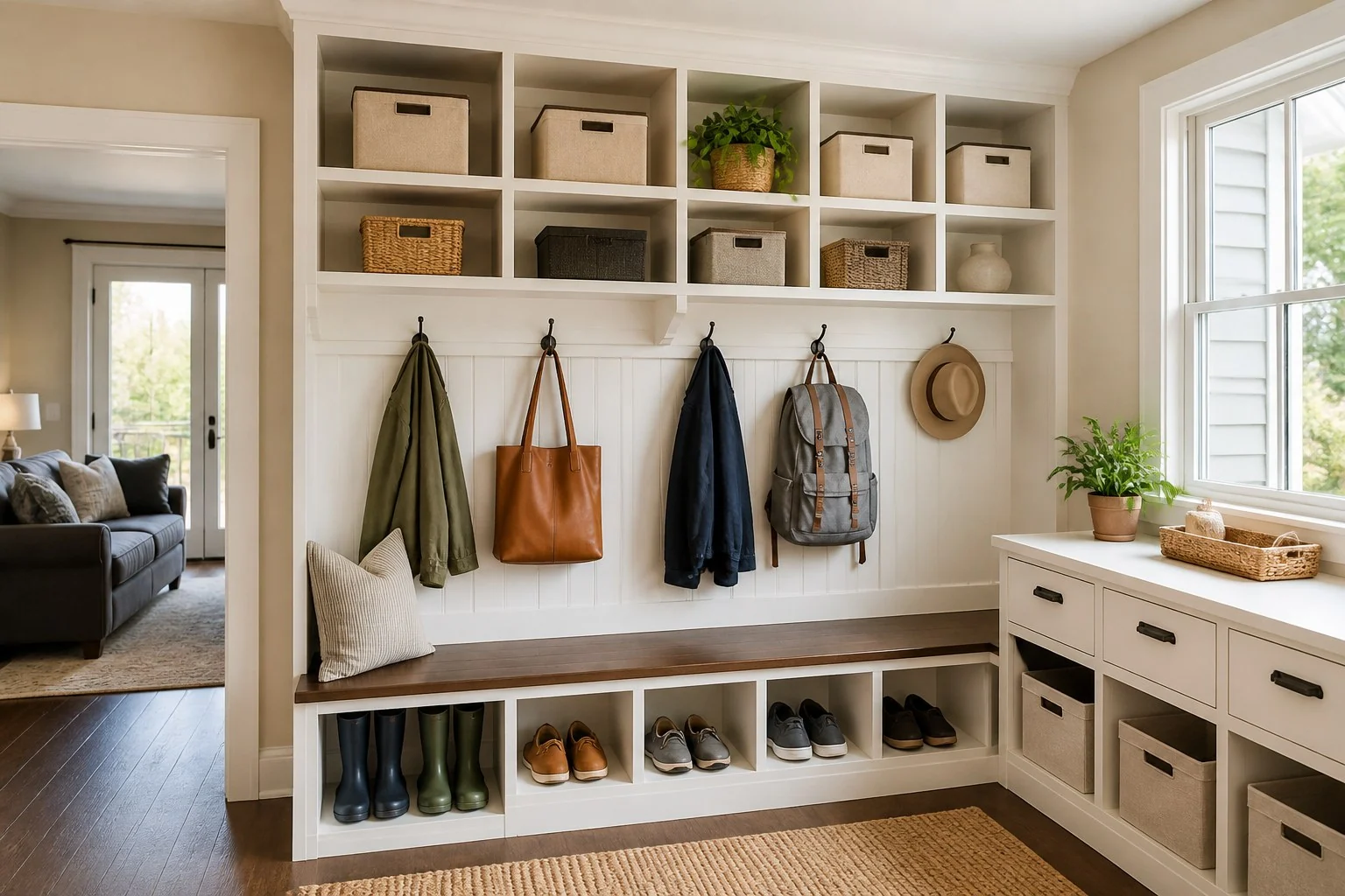 Organized storage and mudroom shelving