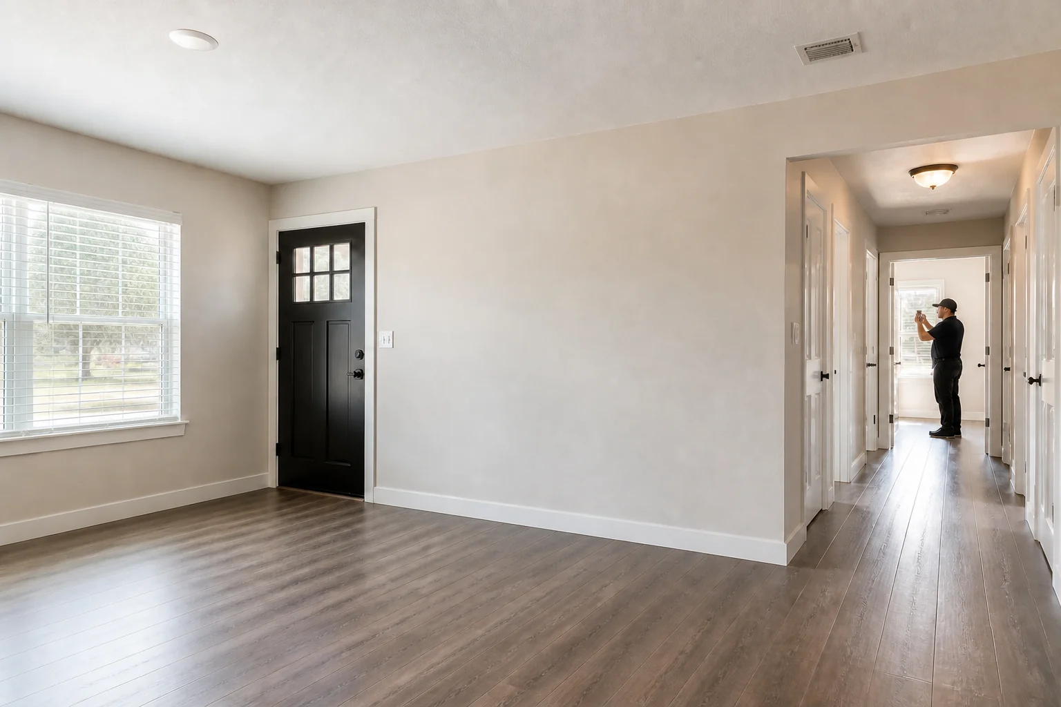 A clean rental interior after make-ready work, with final photo documentation underway.