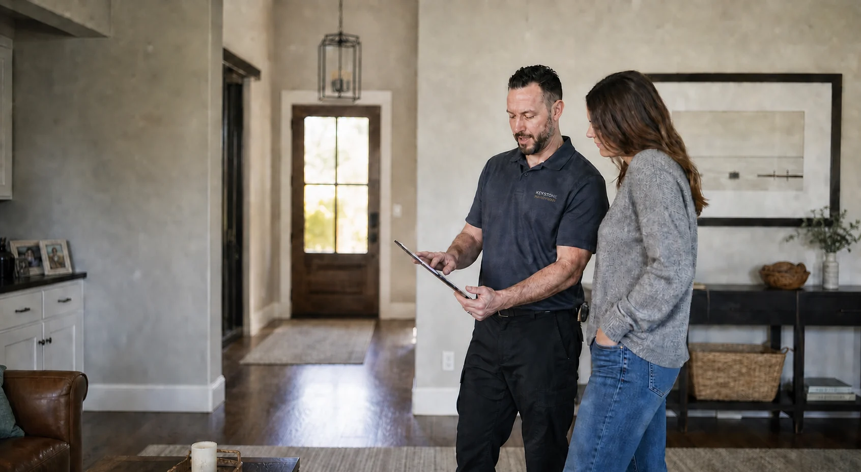 Keystone Handyman technician reviewing a home task list with a homeowner