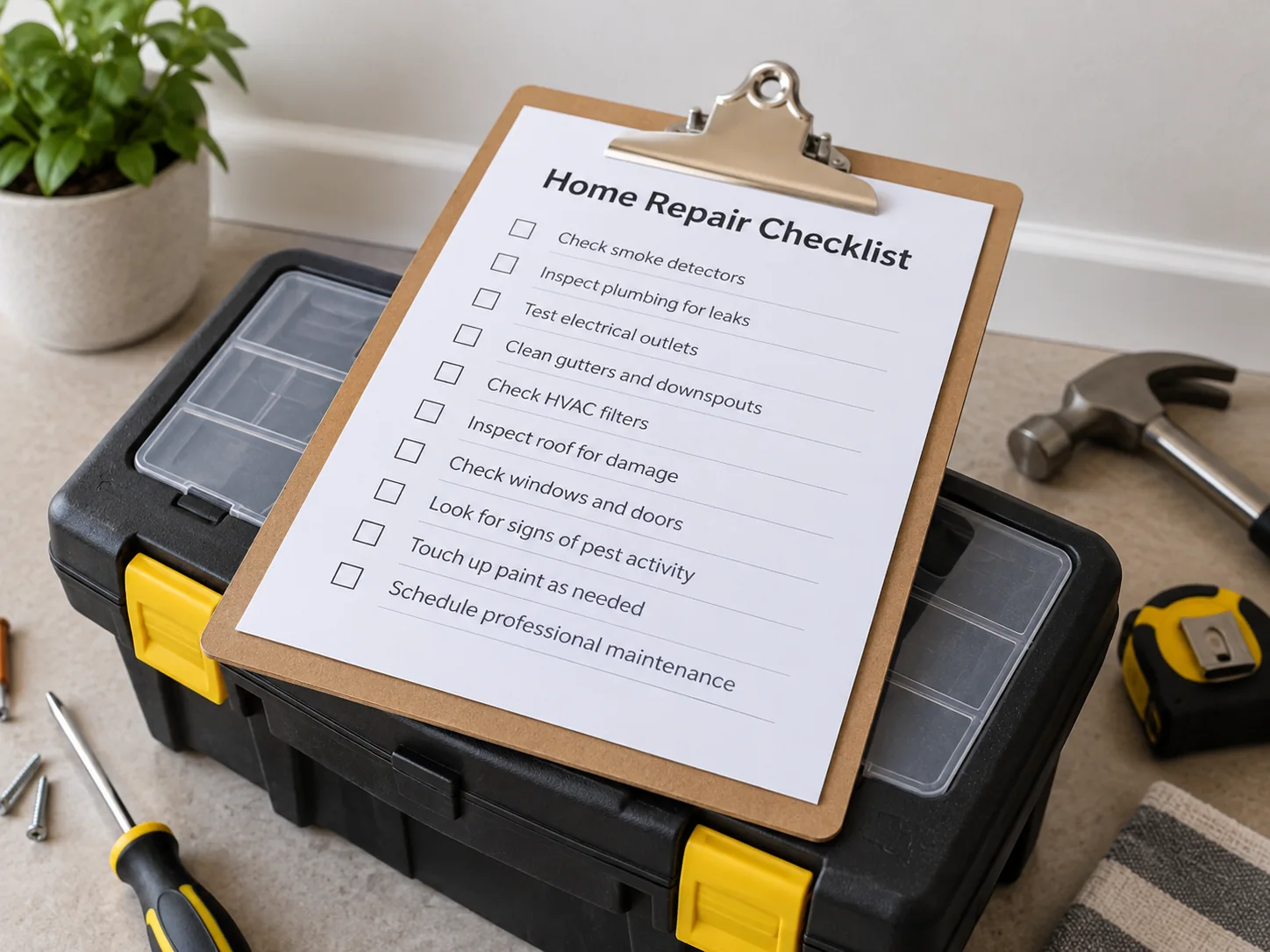 Home repair checklist on a toolbox for organizing multiple handyman projects Home repair checklist on a toolbox for organizing multiple handyman projects