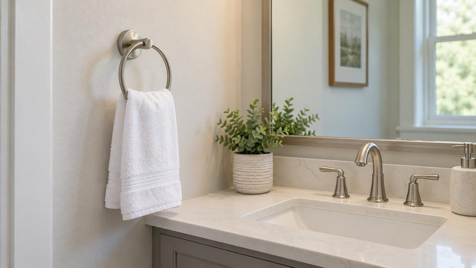 Brushed nickel towel ring holding a white hand towel beside a bathroom vanity. Brushed nickel towel ring holding a white hand towel beside a bathroom vanity.