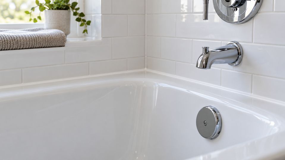 White bathtub meeting a tiled wall along a neat white sealant joint. White bathtub meeting a tiled wall along a neat white sealant joint.