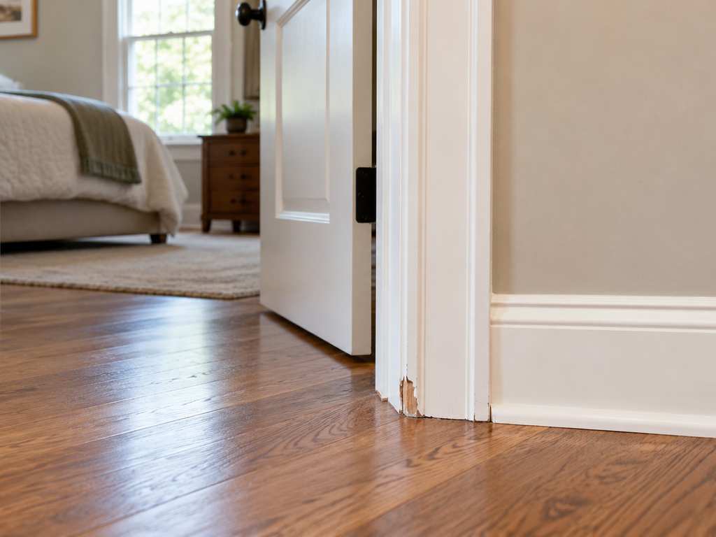 Chipped white trim at the bottom of an interior doorway, with the surrounding room visible. Chipped white trim at the bottom of an interior doorway, with the surrounding room visible.