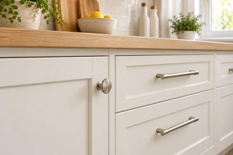 Brushed-metal knob and matching bar pulls on white cabinets Brushed-metal knob and matching bar pulls on white cabinets
