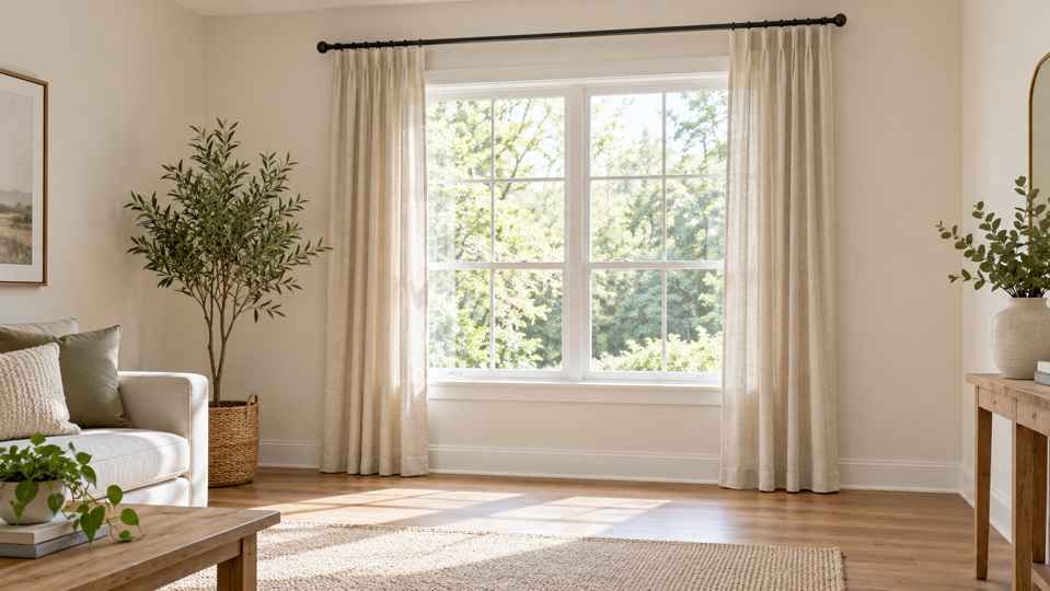 Oatmeal curtains on a dark rod around a white-trimmed living-room window.