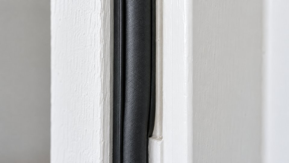 Close-up of black flexible weatherstripping seated along a white-painted door jamb.