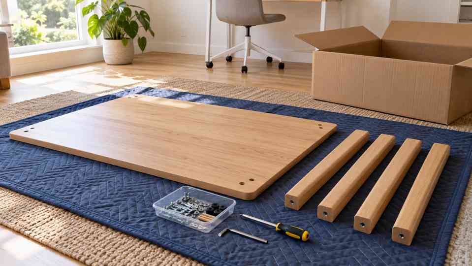Wooden tabletop, four legs, hardware and hand tools laid out on a moving blanket.