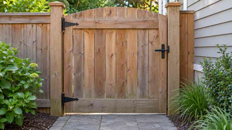 Wooden yard gate with black hinges and latch between two fence posts.
