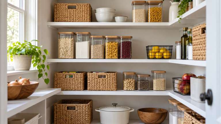 White pantry shelves holding clear containers of different heights and woven storage baskets.