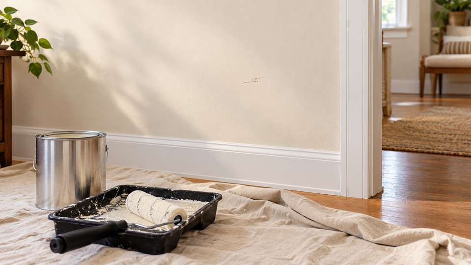 Paint can and roller on a drop cloth beside a scuffed off-white wall.