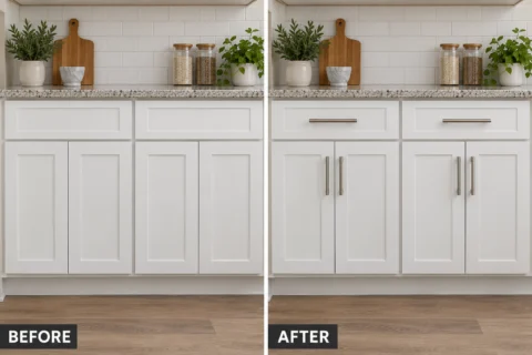 Cabinet Hardware Installation: illustrative before-and-after comparison of the same setting