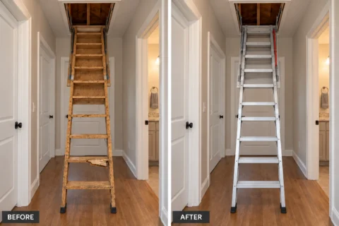 Attic Stairs Installation & Replacement: illustrative before-and-after comparison of the same setting