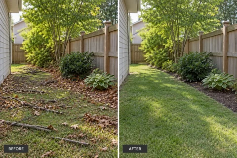 Yard Debris Removal: illustrative before-and-after comparison of the same setting