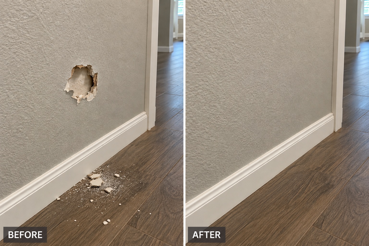 Illustrative before-and-after comparison for drywall improvements
