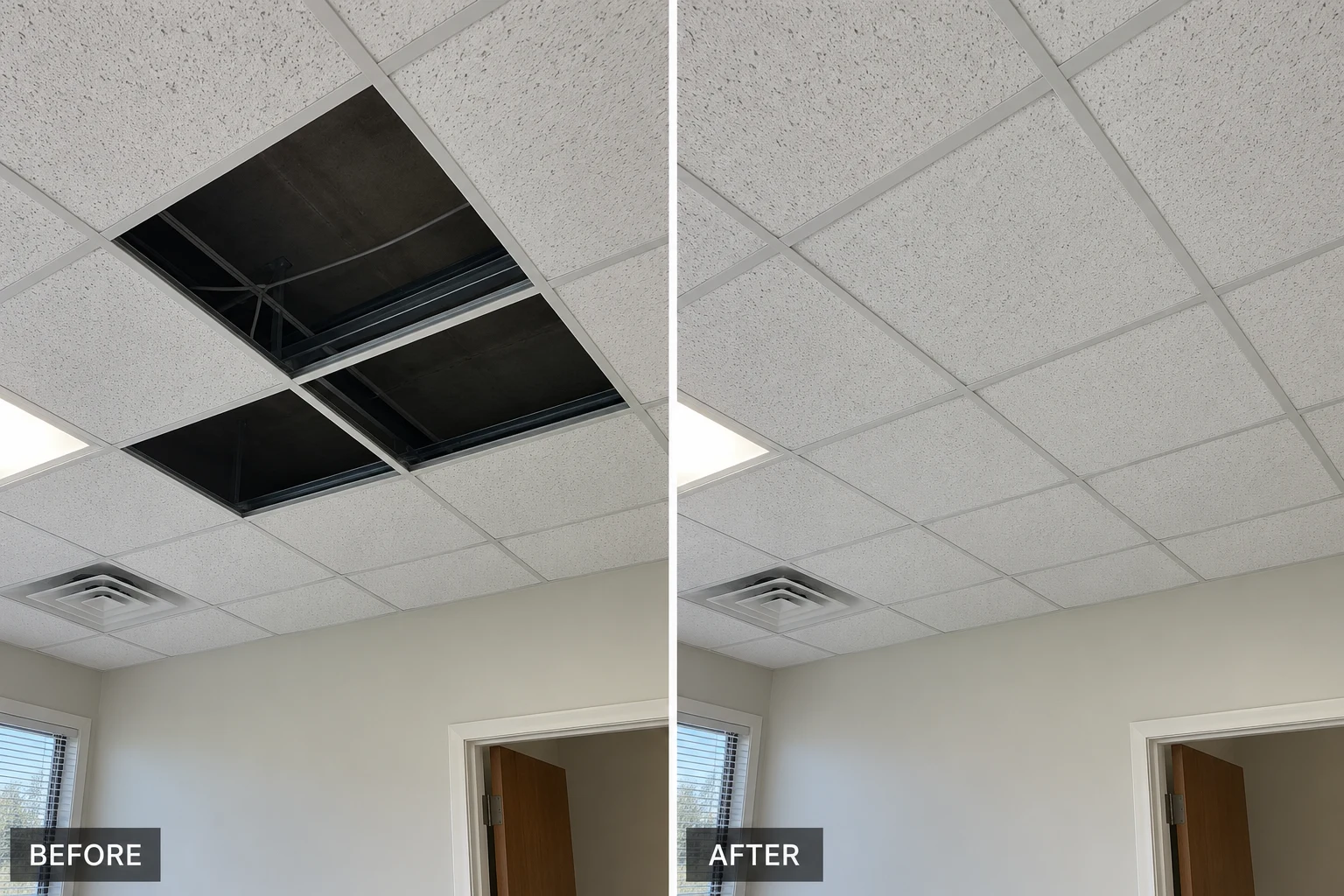 Acoustic Ceiling Tile Installation Acoustic ceiling tile installation illustration showing missing suspended ceiling tiles replaced within the existing grid