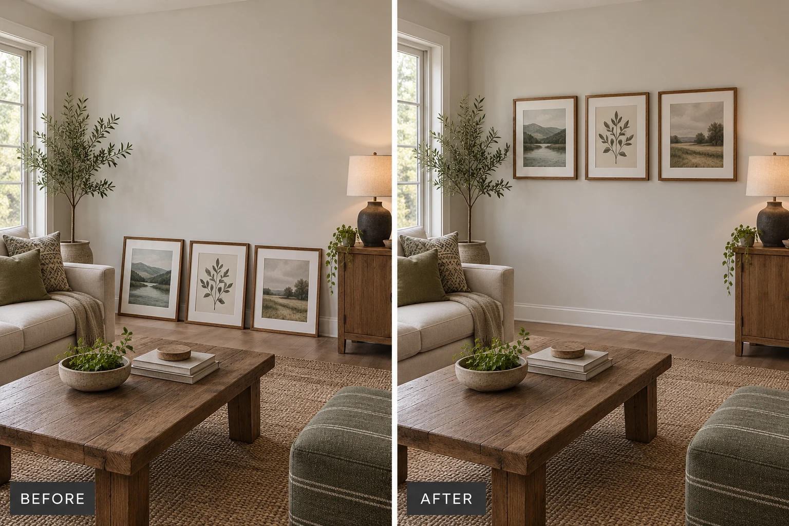 Picture Hanging & Gallery Walls: illustrative before-and-after comparison of the same setting