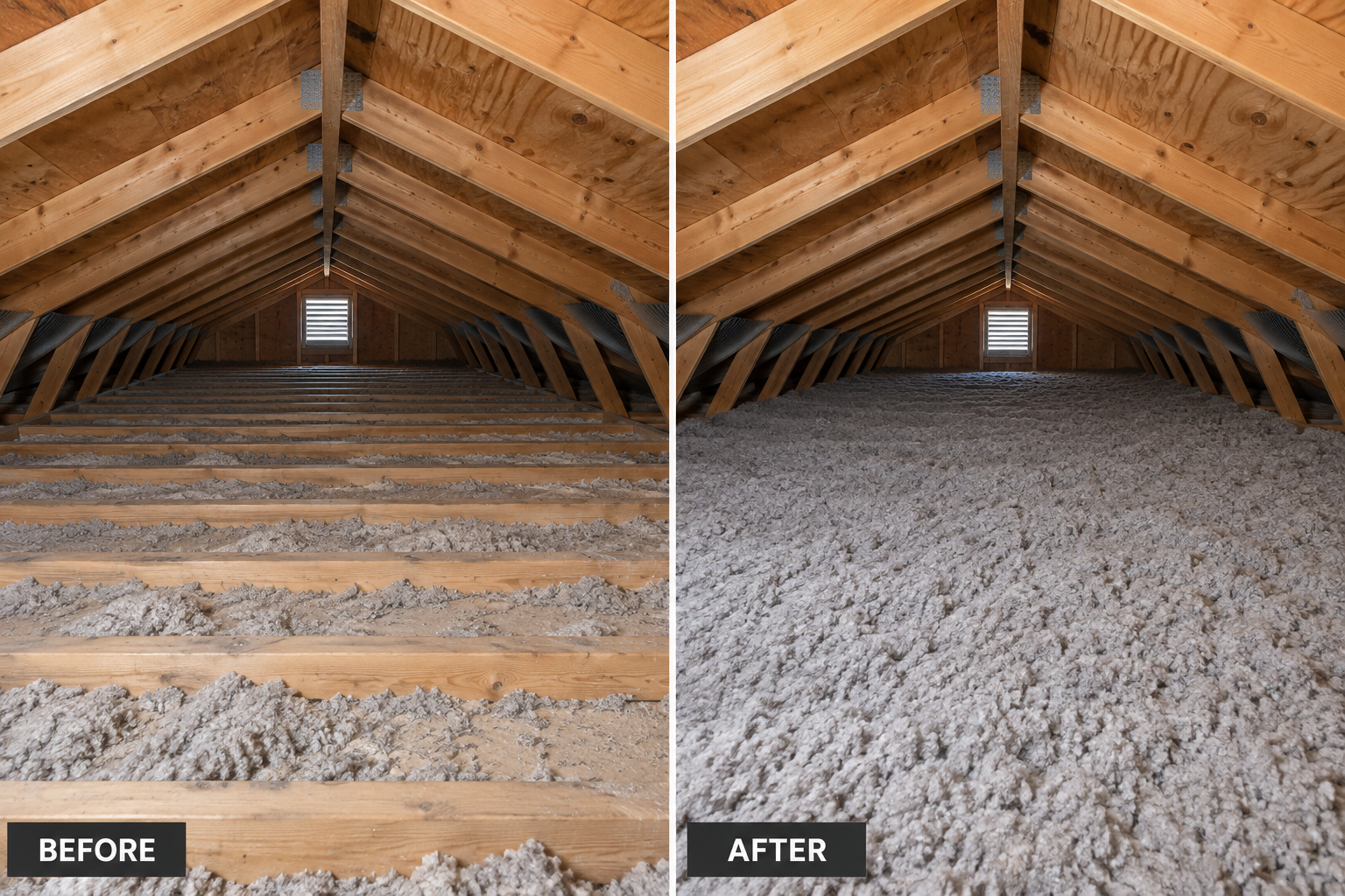 Attic Insulation Installation: illustrative before-and-after comparison of the same setting