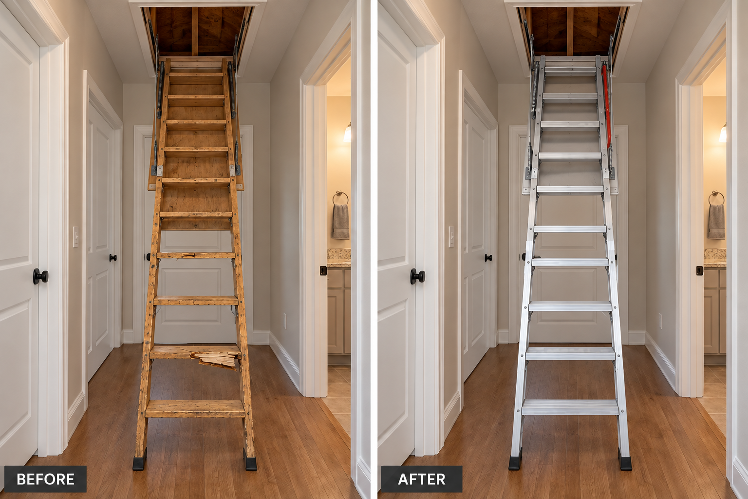 Attic Stairs Installation & Replacement: illustrative before-and-after comparison of the same setting