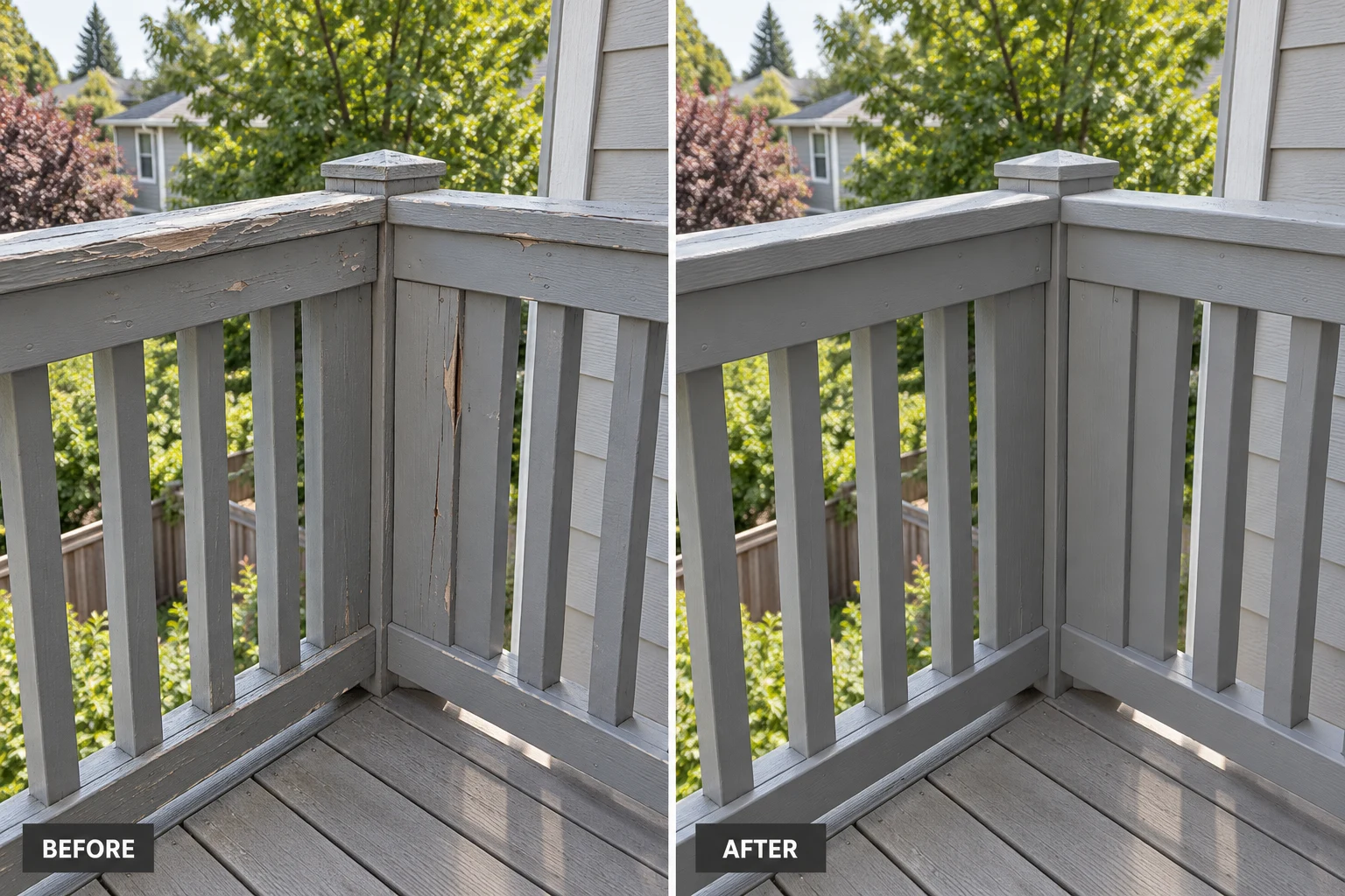 Balcony Repair Balcony Repair: illustrative before-and-after comparison of the same setting