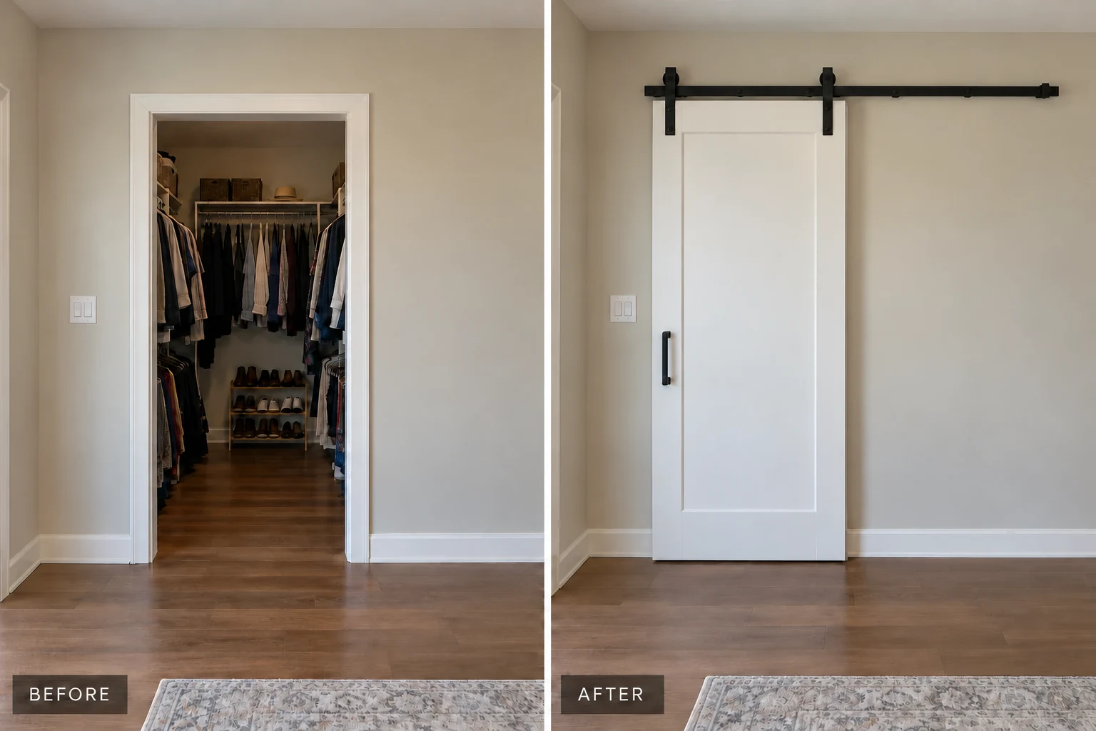 Barn door installation illustration showing an open closet doorway and a fitted sliding door