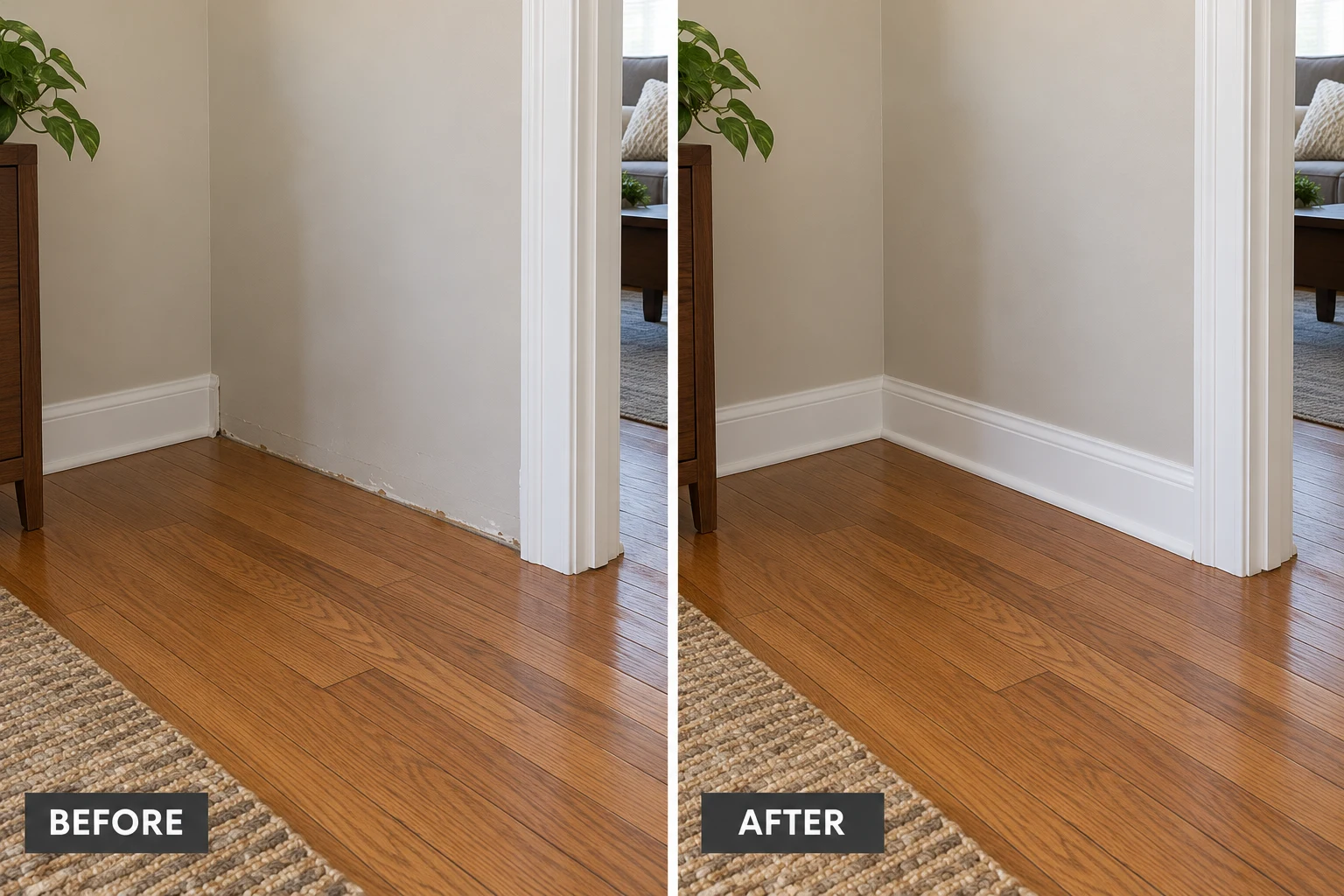 Baseboard Installation & Repair: illustrative before-and-after comparison of the same setting
