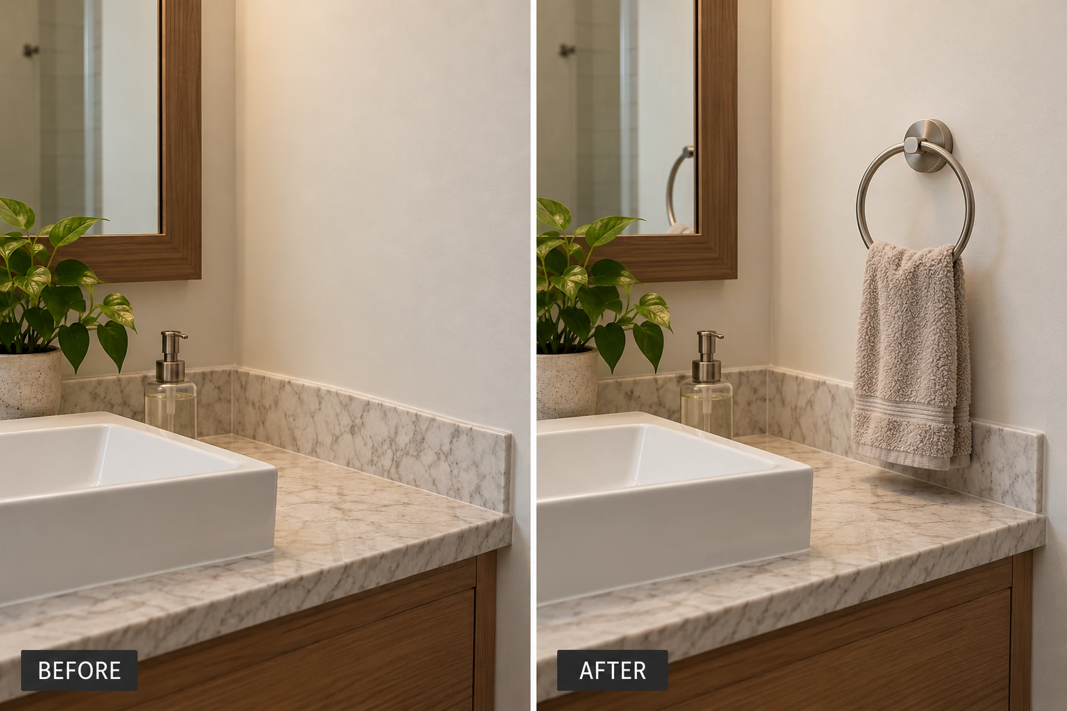 Bathroom Accessory Installation: illustrative before-and-after comparison of the same setting