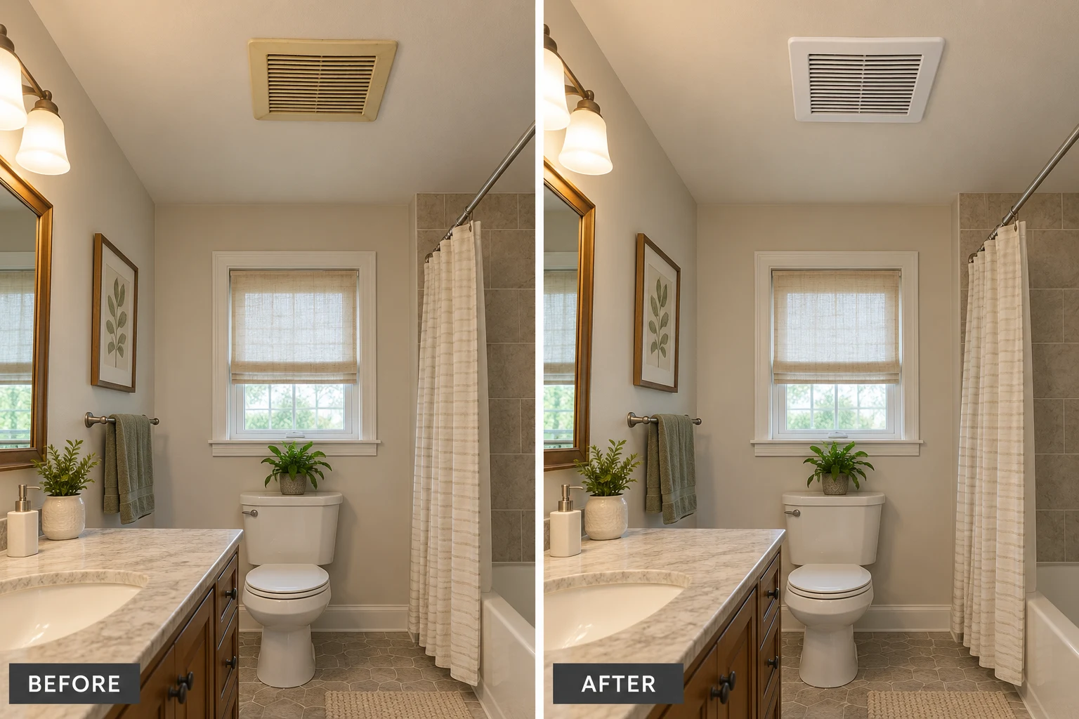 Bathroom Exhaust Fan Installation Bathroom Exhaust Fan Installation: illustrative before-and-after comparison of the same setting