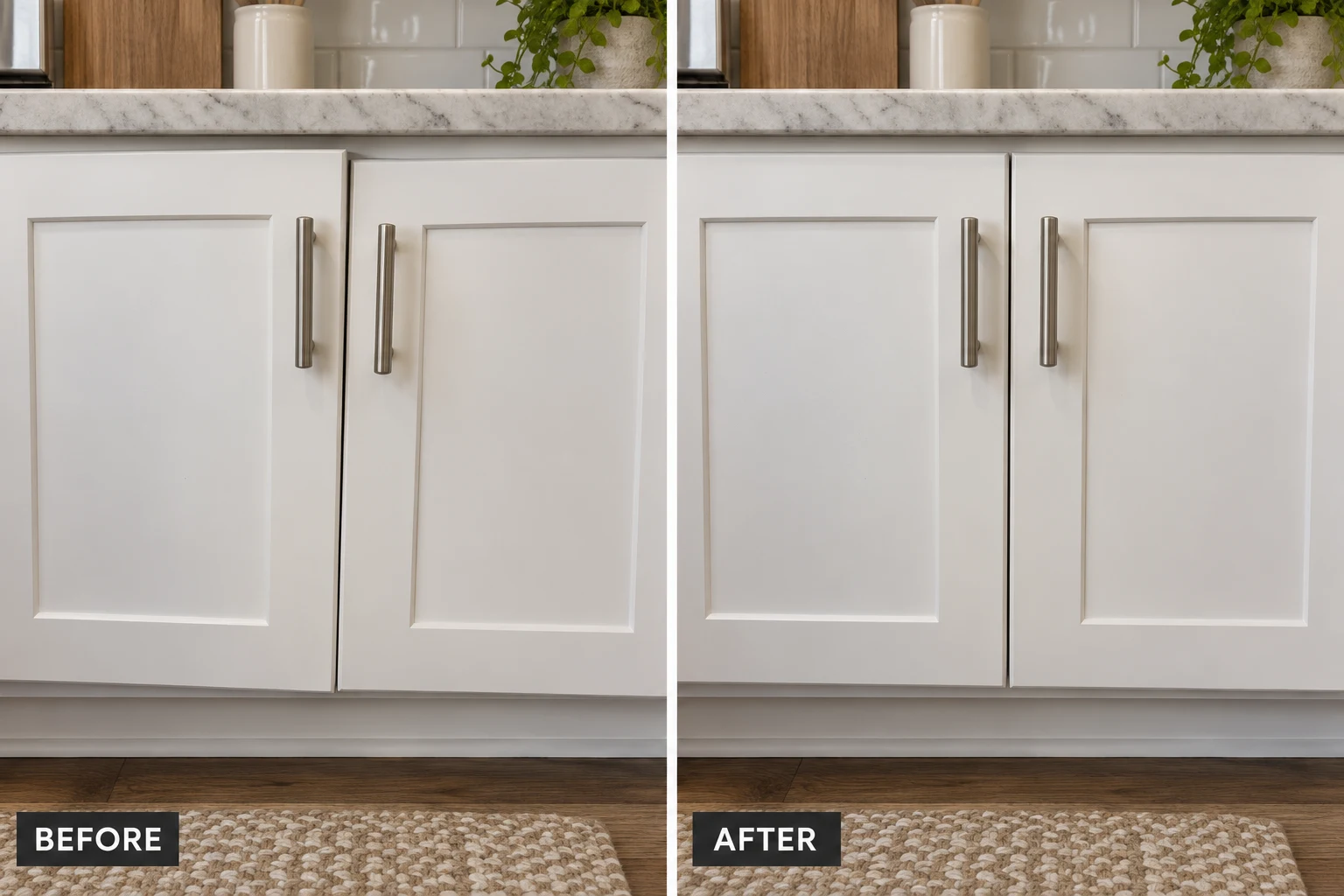Cabinet Door Adjustment & Repair Cabinet Door Adjustment & Repair: illustrative before-and-after comparison of the same setting