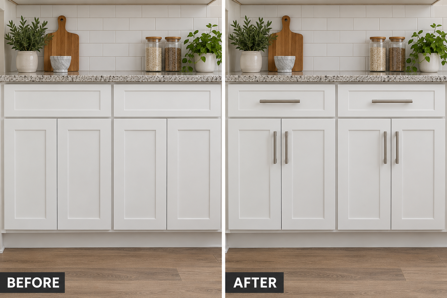 Cabinet Hardware Installation: illustrative before-and-after comparison of the same setting