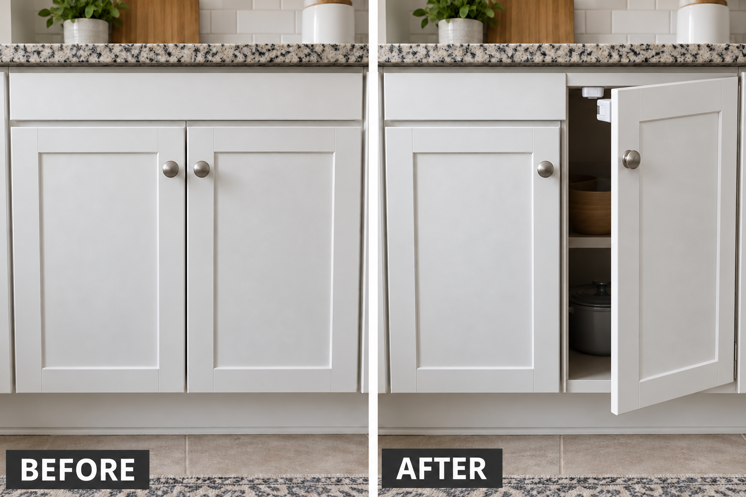Cabinet Safety Latch Installation Cabinet Safety Latch Installation: illustrative before-and-after comparison of the same setting