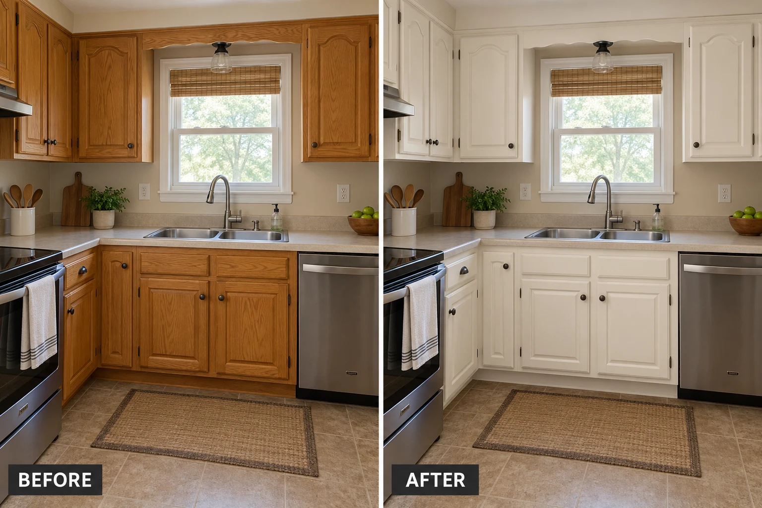 Cabinet painting refinishing illustrative before and after comparison showing the same setting before and after the service