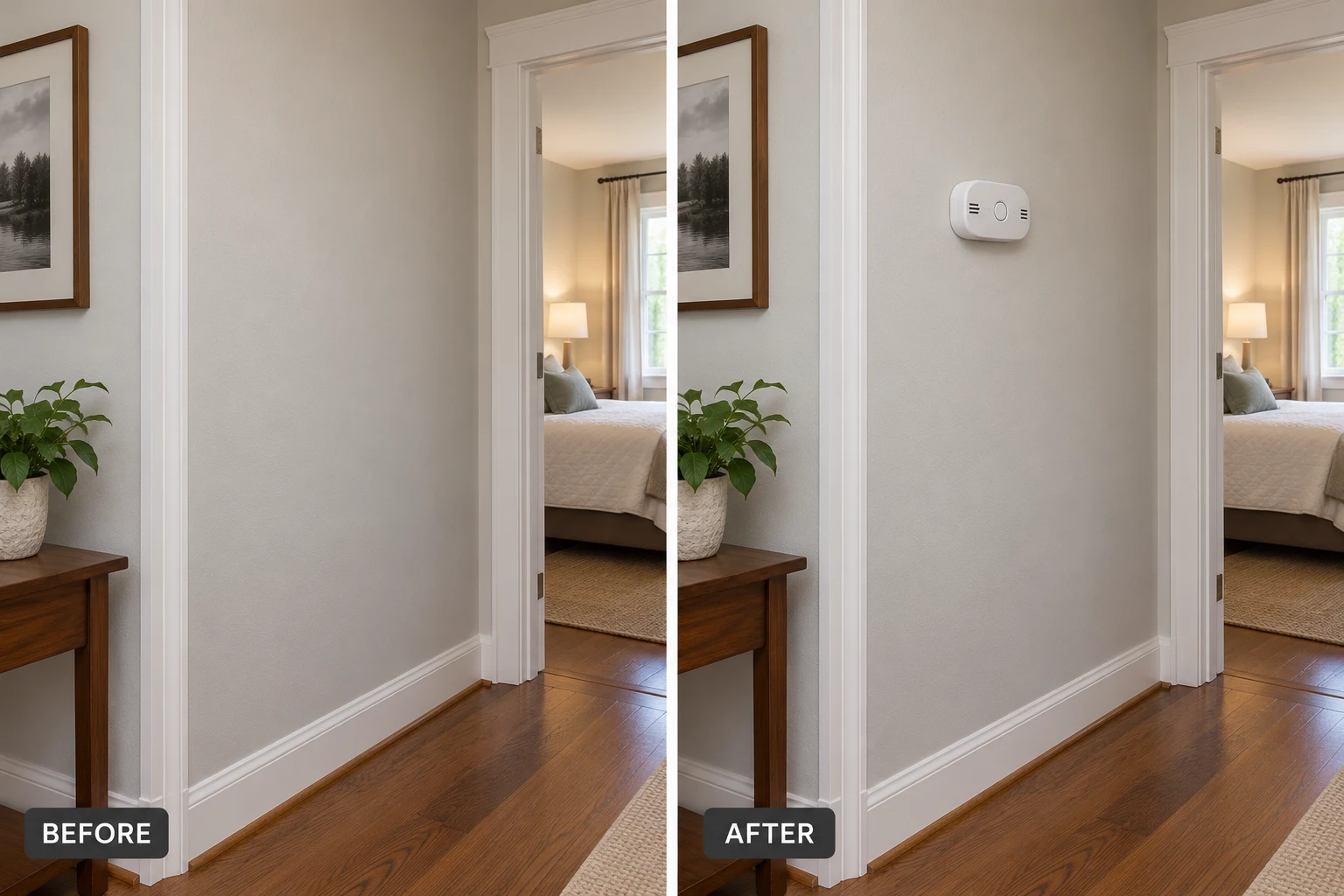 Carbon Monoxide Detector Installation: illustrative before-and-after comparison of the same setting