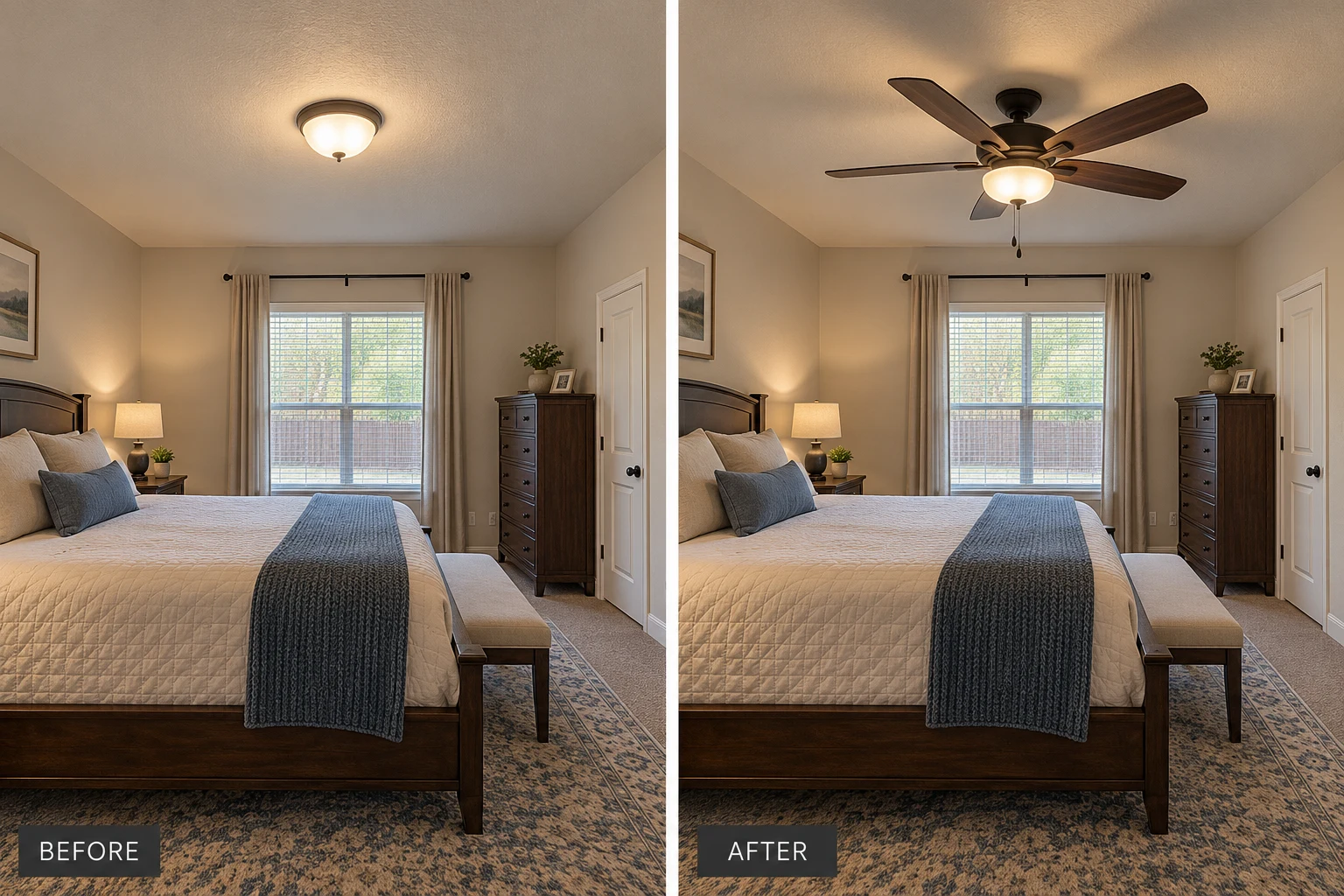 Ceiling Fan Installation Ceiling Fan Installation: illustrative before-and-after comparison of the same setting
