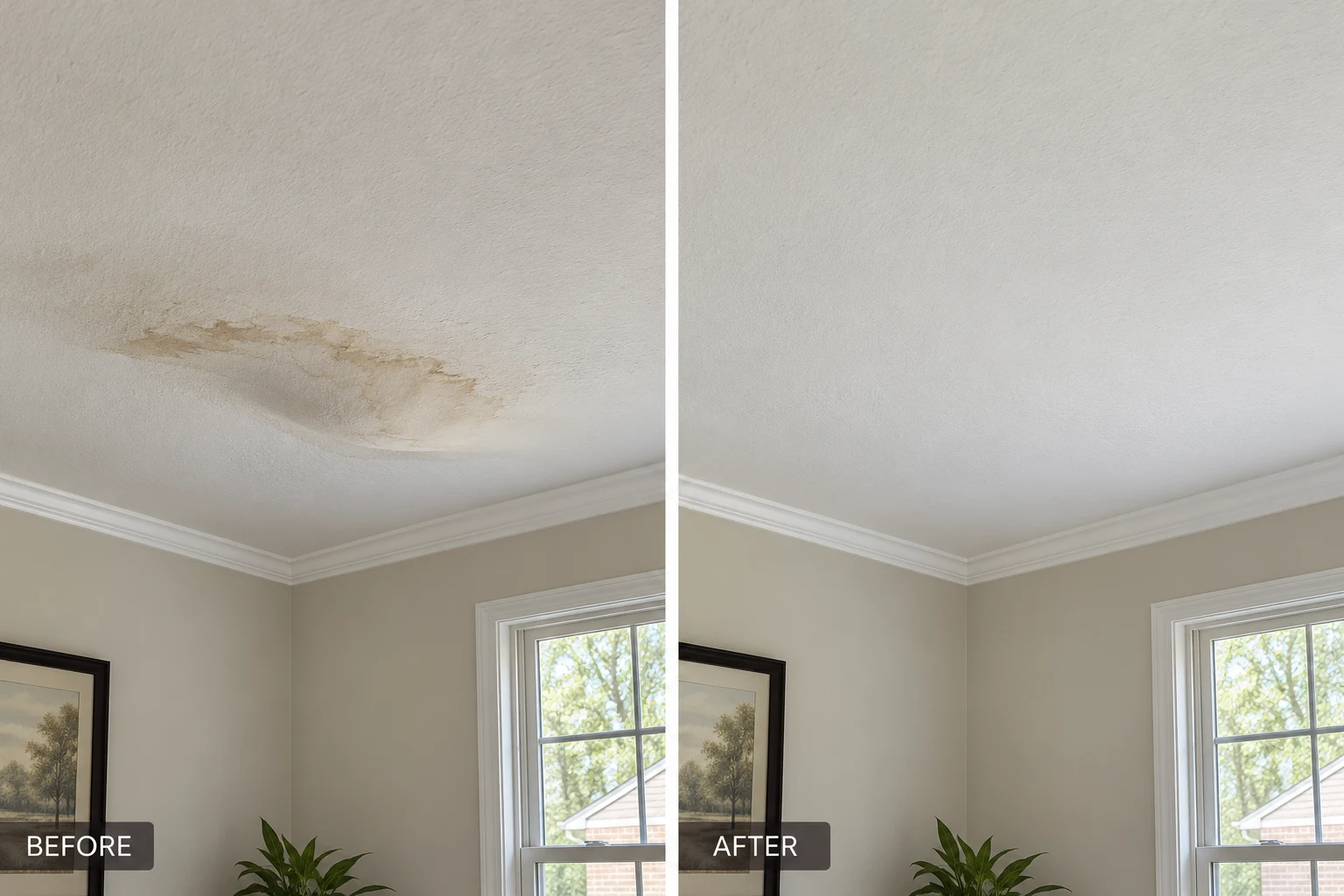 Ceiling Repair & Replacement Ceiling repair illustration comparing a damaged ceiling area with a finished repair