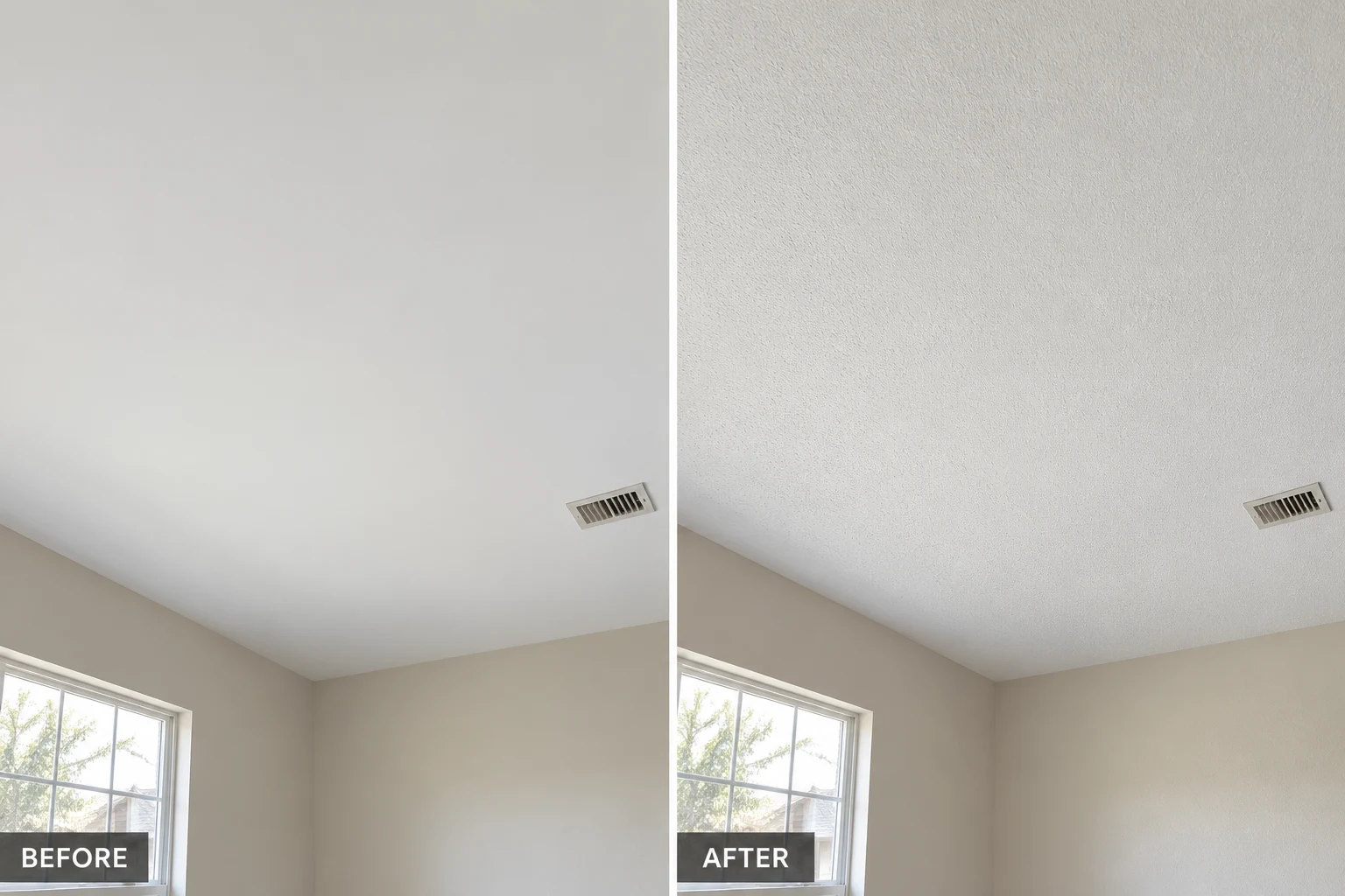 Ceiling Texture Application Ceiling texture application illustration comparing a smooth primed ceiling and a fine textured finish