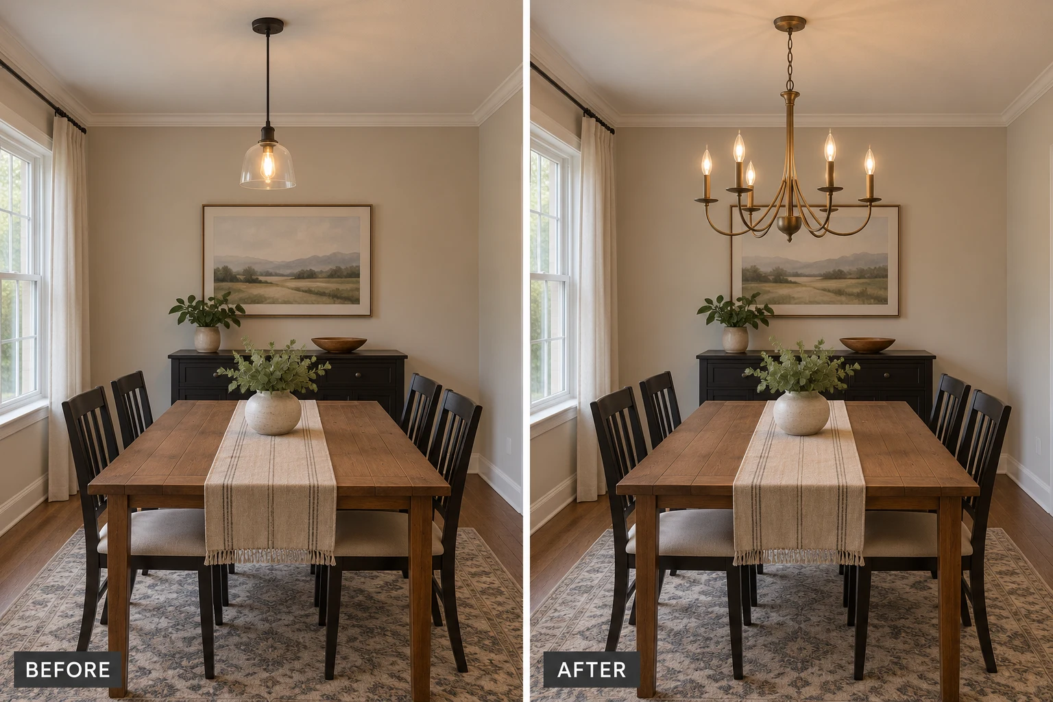 Chandelier Installation: illustrative before-and-after comparison of the same setting