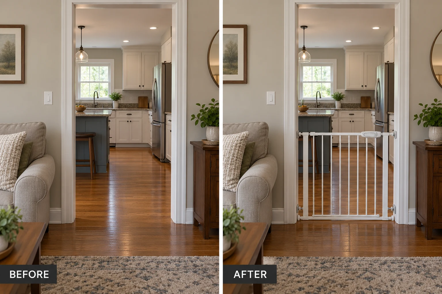 Child Safety Gate Installation: illustrative before-and-after comparison of the same setting