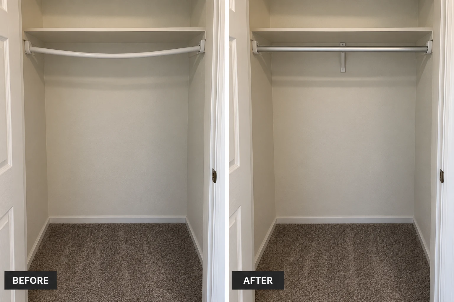 Closet Rod Installation & Repair Closet Rod Installation & Repair: illustrative before-and-after comparison of the same setting