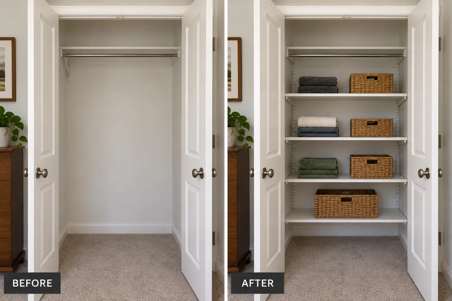 Closet Shelving Installation Closet Shelving Installation: illustrative before-and-after comparison of the same setting