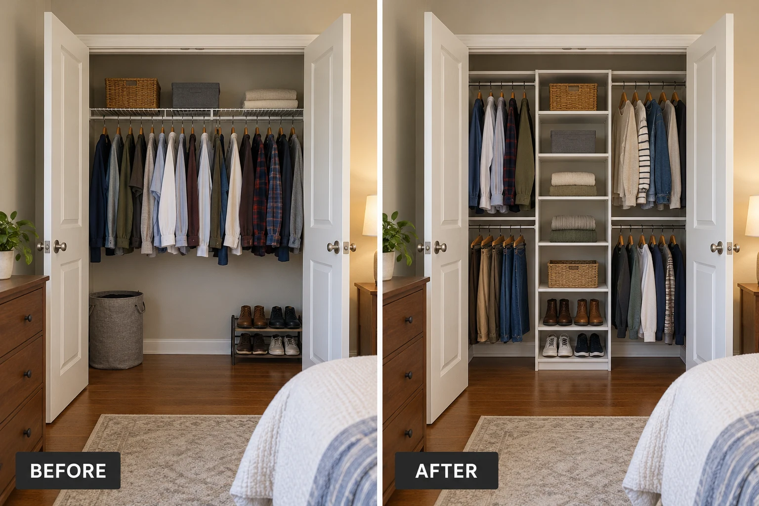 Closet Storage Improvements: illustrative before-and-after comparison of the same setting